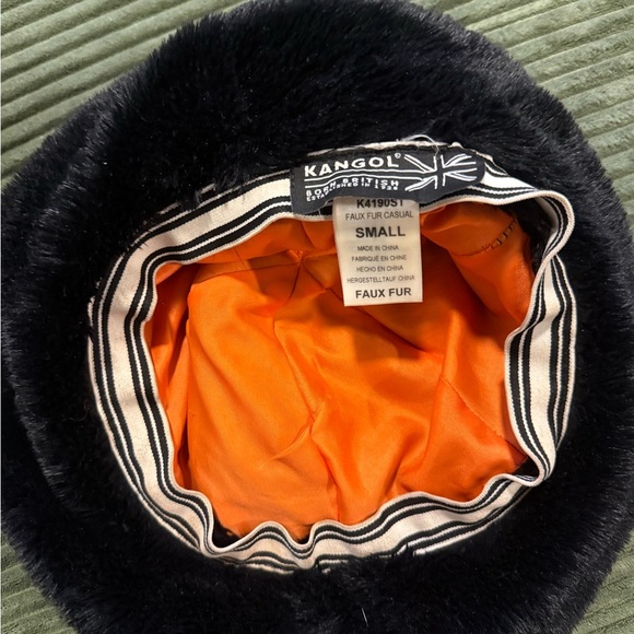 Kangol Black Faux Fur Hat with Orange Lining
